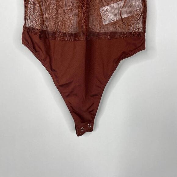 2/$30 NWT Danielle Bernstein Lace Illusion Thong Bodysuit 00 Warm Brown Mesh - Picture 6 of 14